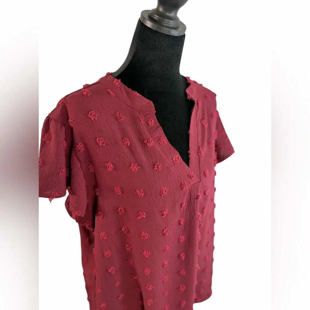 B. Burgundy Fuzzy Dot V-Neck Shirt XL Boho Flutter Sleeve Blouse Size M - Picture 3 of 7